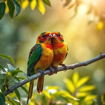 The primary subject of the image is a pair of colorful birds, specifically two parrots, sitting on a tree branch. The setting is a lush green forest, with the birds perched on a branch surrounded by leaves. The visual style of the image is a photo, capturing the vibrant colors and details of the birds and their environment. The colors and mood of the image are bright and cheerful, with the parrots' vivid colors contrasting against the greenery of the forest.
